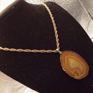 POLISHED CINNAMON TAN AGATE STONE SLICE W/ COPPER CHAIN NECKLACE 14